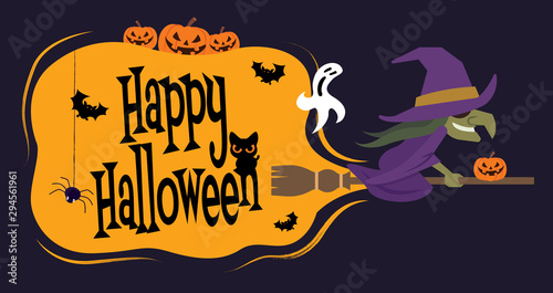 Happy Halloween. Cartoon witch character flying on broom with big cloud shape signboard - vector character