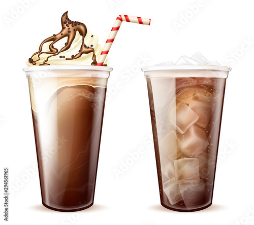 Frappe coffee, cola with ice cubes in disposable plastic cups set. Frappucino with whipped cream, chocolate or caramel topping and soda beverage. Cold drinks isolated Realistic 3d vector illustration