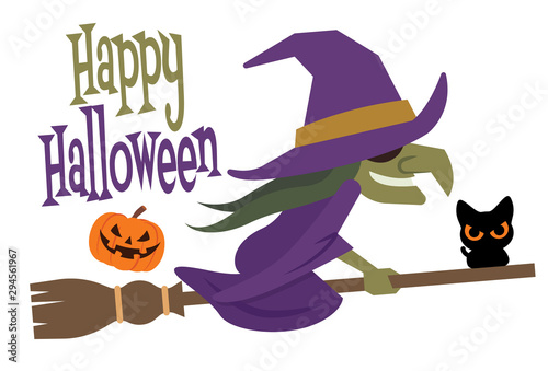 Happy Halloween. Cartoon halloween witch flying on broom with pumpkin and horror cat - vector character