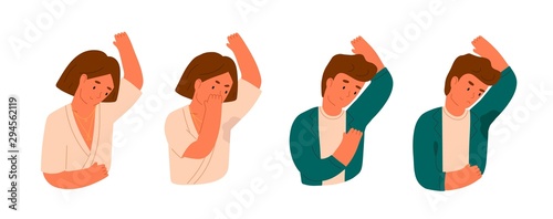 Wet armpits flat vector illustration. Smelly and sweaty stains on male and female clothes isolated on white background. Hygiene and body care concept. Sweat spots prevention, hyperhidrosis people.