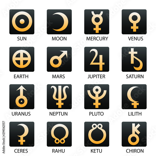 Astrology, planet symbols, horoscope. Natal chart. Signs Sun, Moon, Mercury, Venus, Earth, Mars, Jupiter, Saturn, Uranus, Neptune, Pluto, Lilith, Ceres, Rahu, Ketu, Chiron. 