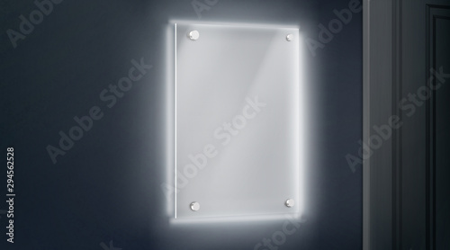 Empty glass name plate bolted to wall near doorway glowing in darkness. Blank acrylic holder, picture frame mock-up. Office, exhibition gallery interior design element 3d realistic vector illustration
