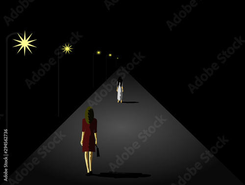 A woman walking on a dark street There was a white ghost standing on the street in front with black background