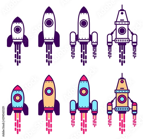 Space Rocket line icon set. Simple rocket ship with flame pictogram. Monochrome and colored vector illustration.