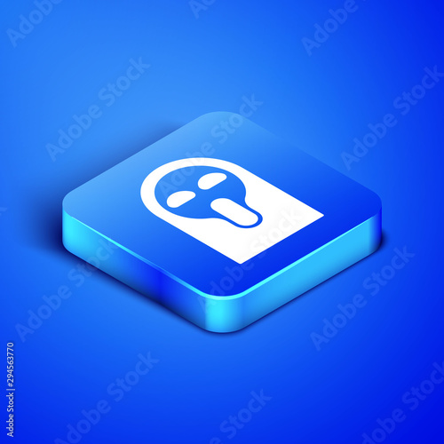 Isometric Funny and scary ghost mask for Halloween icon isolated on blue background. Happy Halloween party. Blue square button. Vector Illustration
