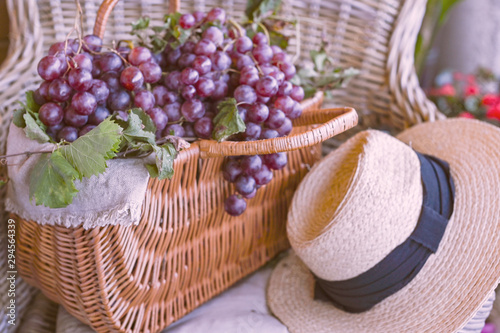 Fototapeta Naklejka Na Ścianę i Meble -  Grapes In A Basket and straw hat In a country house. Collection of selected grapes for homemade wine. Ecological products. Selective focus and tinted photo.