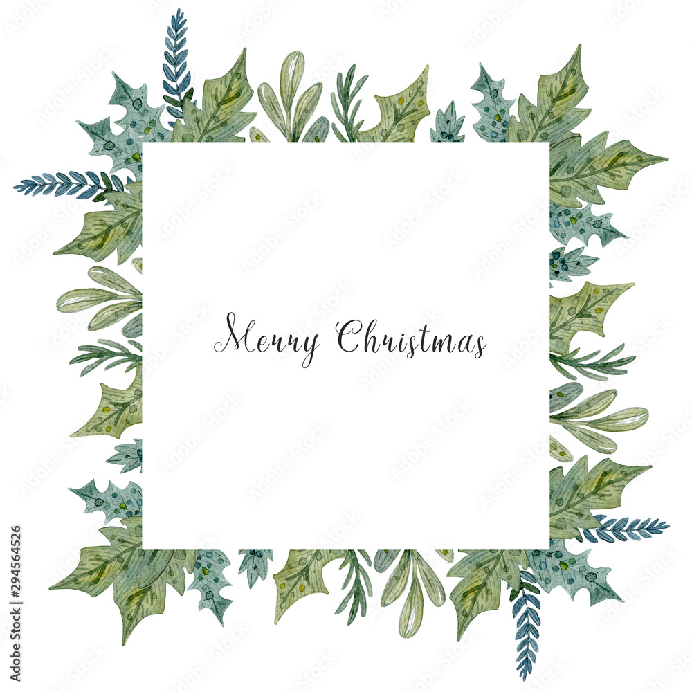 Watercolor Merry Christmas floral card with snowberies. Hand painted fir branches, berries with leaves, pine cones isolated on white background. Christmas illustration for design, print or background