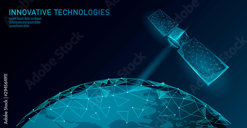 Telecommunication defense satellite in space. Orbital sputnik receiver military security data transmitter internet connection. Worldwide protection tracking information background vector illustration photo