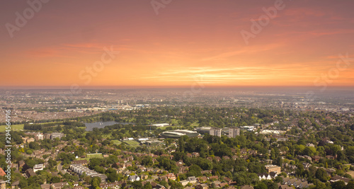 Wimbledon aerial view at dawn with houses and quiet streets