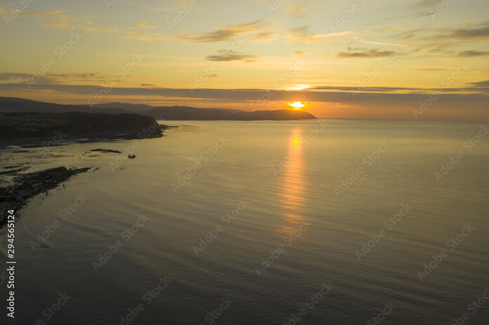 Somerset sunrise aerial view over the coast in the UK