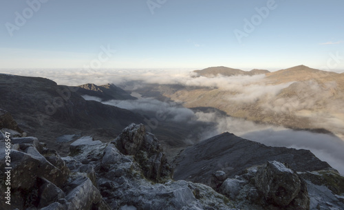 Ogwen valley Snowdonia with cloud inversion fog hanging in the air