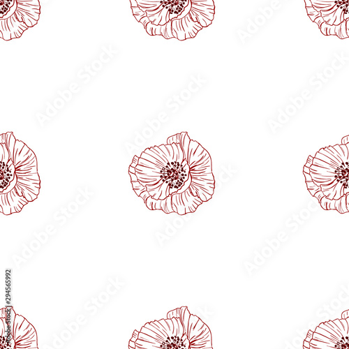 Flourish poppies pattern in line art style. Poppy flower line art. Botanical seamless vector texture. Colorful background blossoming bloomy vector. Wildflowers handcrafted artsy poppy surface design