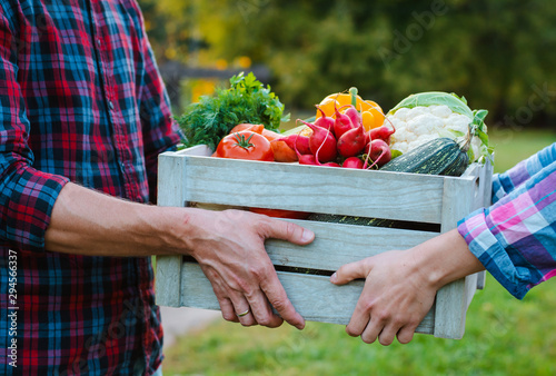 wooden box with farm vegetables in the hands of men and women, close-up. photo