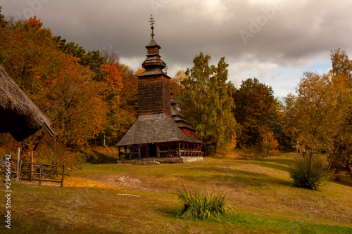 Old wooden church in the museum Pirogovo in the fall season. Kiev, Ukraine.