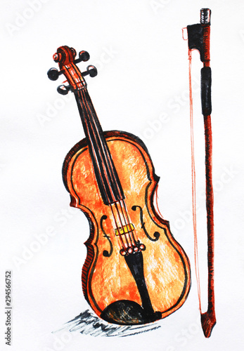 violin with bow on a white background painted by watercolor  illustration
