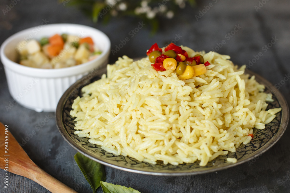 Close-up indian rice with salad