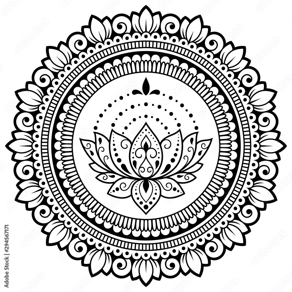 Circular pattern in form of mandala with lotus flower for Henna, Mehndi, tattoo, decoration. Decorative ornament in ethnic oriental style. Outline doodle hand draw vector illustration. Circular pattern in form of mandala with lotus flower for Henna, Mehndi, tattoo, decoration. Decorative ornament in ethnic oriental style. Outline doodle hand draw vector illustration.
