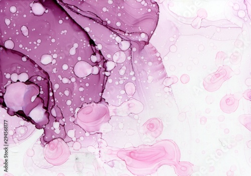 Abstract illustration in alcoholic ink technique. Dark magenta and pink marble texture. Wash drawing effect wallpaper. Modern illustration for card design, banners, ethereal graphic design.
