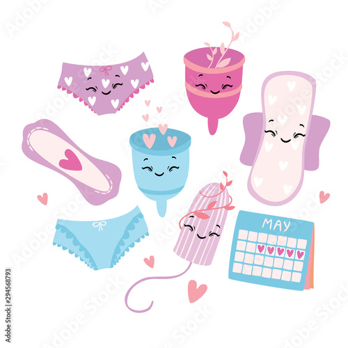 Vector illustration, set. Menstruation. Period. Feminine hygiene products. Menstrual cup. Panties, pads, cups. Menstrual protection, feminine hygiene.