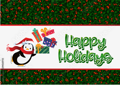 Vector Christmas greeting card with penguin and decorations, gift boxes and lettering. Holiday poster,card,banner