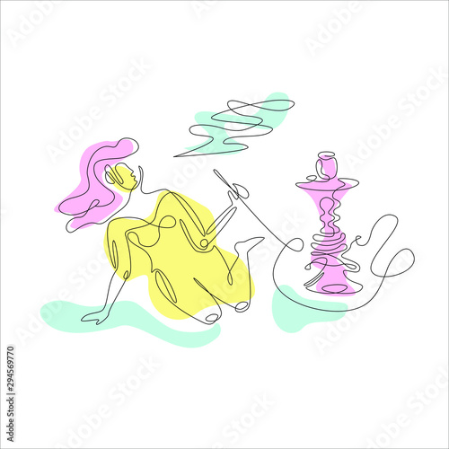 Girl with a hookah in one line. Vector illustration.