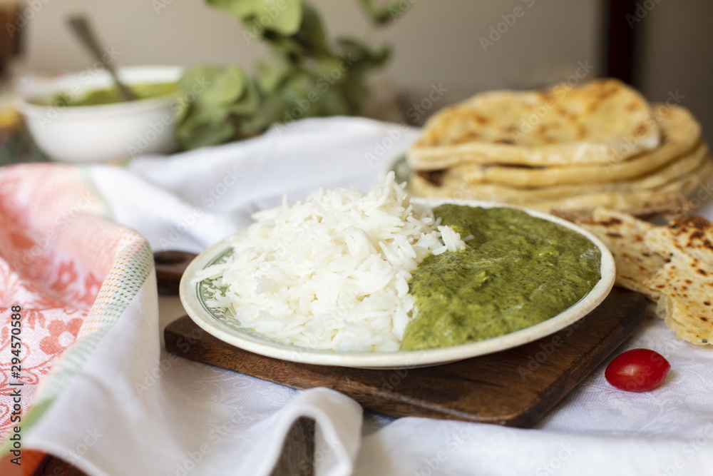 Traditional indian food with rice and pita Traditional indian food with rice and pita
