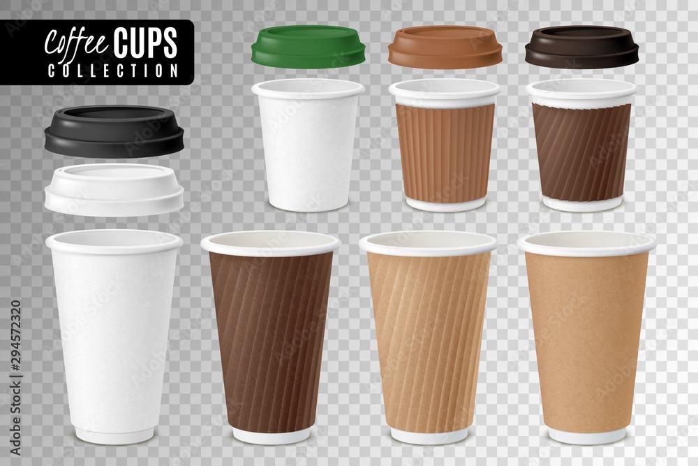 Realistic coffee disposable cups transparent set Realistic coffee disposable cups transparent set