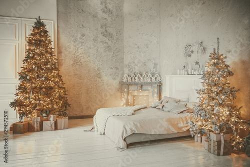 Christmas living room with Christmas tree and gifts under it