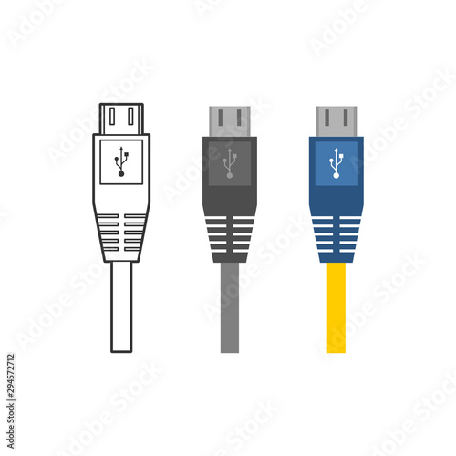 Various electronic wire connectors and inputs, jacks and plugs vector icon set. Three versions of one type of connectors - outline, monohrome and colorful
