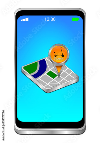 Smartphone with Map pointer with E-Scooter - 3D illustration