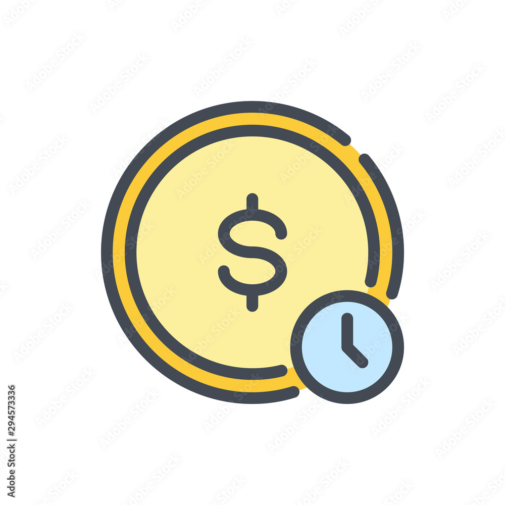 Time is money color line icon. Dollar coin with clock watch vector outline colorful sign. Time is money color line icon. Dollar coin with clock watch vector outline colorful sign.