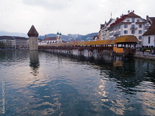 Chapel Bridge and Water Tower. Popular touristic and travel location in Luzern - Switzerland