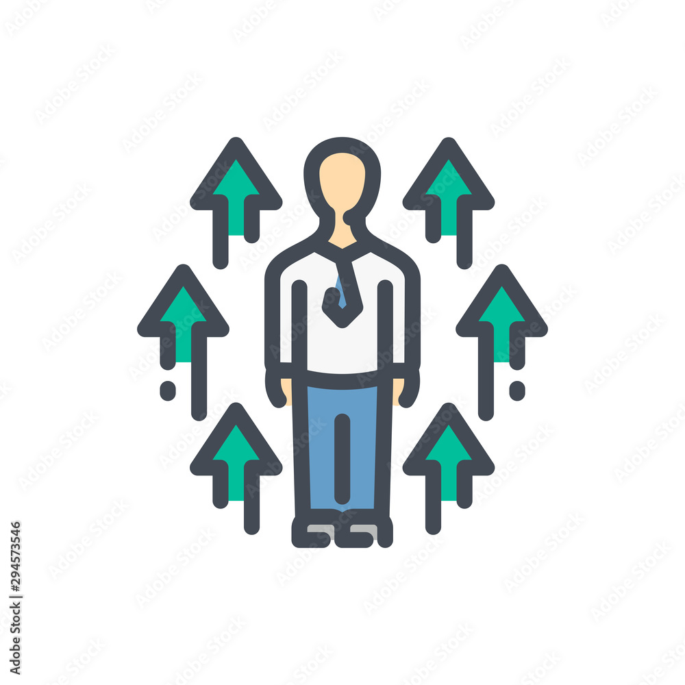 Сareer growth color line icon. Business person arrows going up vector outline colorful sign. Сareer growth color line icon. Business person arrows going up vector outline colorful sign.