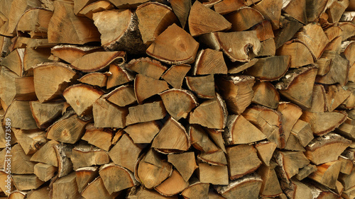 Chopped firewood is stored for fuel. Heap firewood. Horizontal background © chembarisovstudio