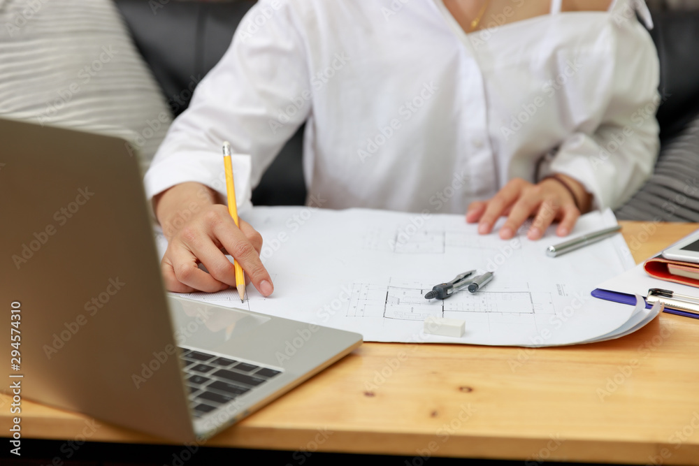 Engineer and Architect concept, Engineer Architects office team working with blueprints Engineer and Architect concept, Engineer Architects office team working with blueprints