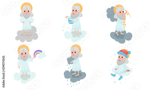 Set Of Vector Illustrations With Cartoon Gods Making Dayly Routins On White Clouds