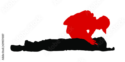 Boy helps friend in unconscious drowning. Car accident victim. Paramedic rescue patient first aid vector silhouette. Sneak attack rescue team. Fire victim evacuation. Health care training dead body.