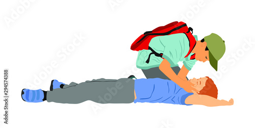 Boy helps friend in unconscious drowning. Car accident victim. Paramedic rescue patient first aid vector illustration. Sneak attack rescue team. Fire victim evacuation. Health care training dead body.