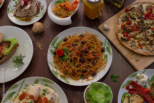 Wide variety of vegetarian food presented on the communal table