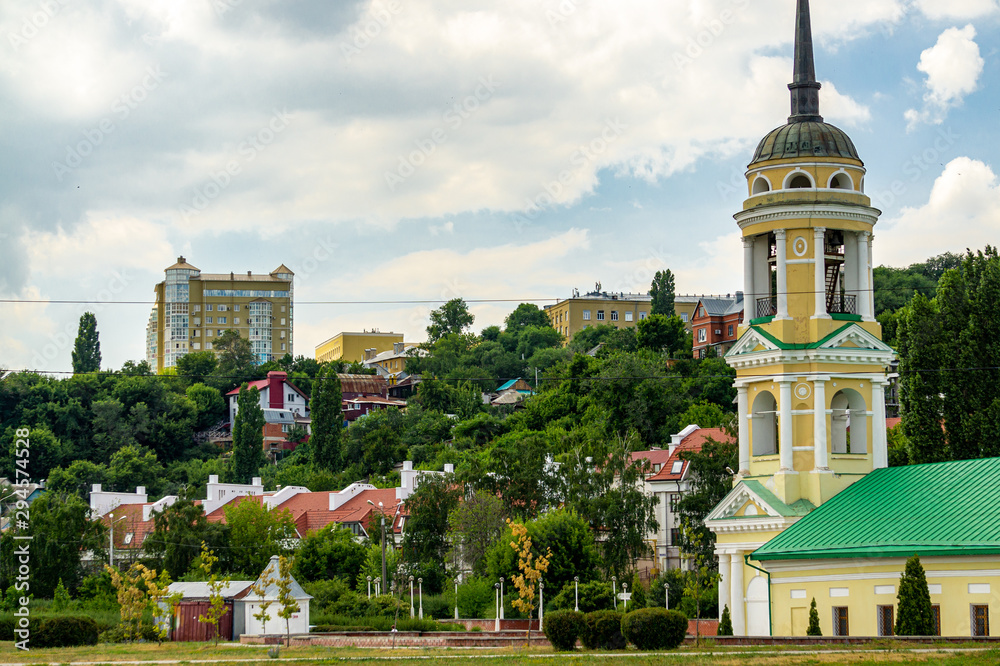 Obraz premium Voronezh, Russia, June 11, 2019. View of Assumption Church of Admiralty on Admiralteyskaya Square. Domes are crowned with golden crosses. Oldest preserved church in Voronezh. Place for text.