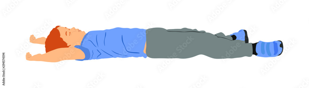 Patient boy need first aid rescue. Dead boy lying on ground vector illustration. Unconscious child after car crush accident. Sick kid want help. Injured person waiting paramedic. Patient need doctor. - obrazy, fototapety, plakaty 