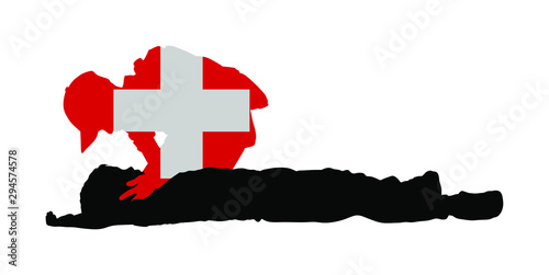 Boy helps friend in unconscious drowning. Car accident victim. Paramedic rescue patient first aid vector silhouette. Sneak attack rescue team. Fire victim evacuation. Health care training dead body.