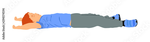 Patient boy need first aid rescue. Dead boy lying on ground vector illustration. Unconscious child after car crush accident. Sick kid want help. Injured person waiting paramedic. Patient need doctor.