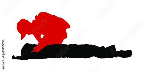Boy helps friend in unconscious drowning. Car accident victim. Paramedic rescue patient first aid vector silhouette. Sneak attack rescue team. Fire victim evacuation. Health care training dead body.