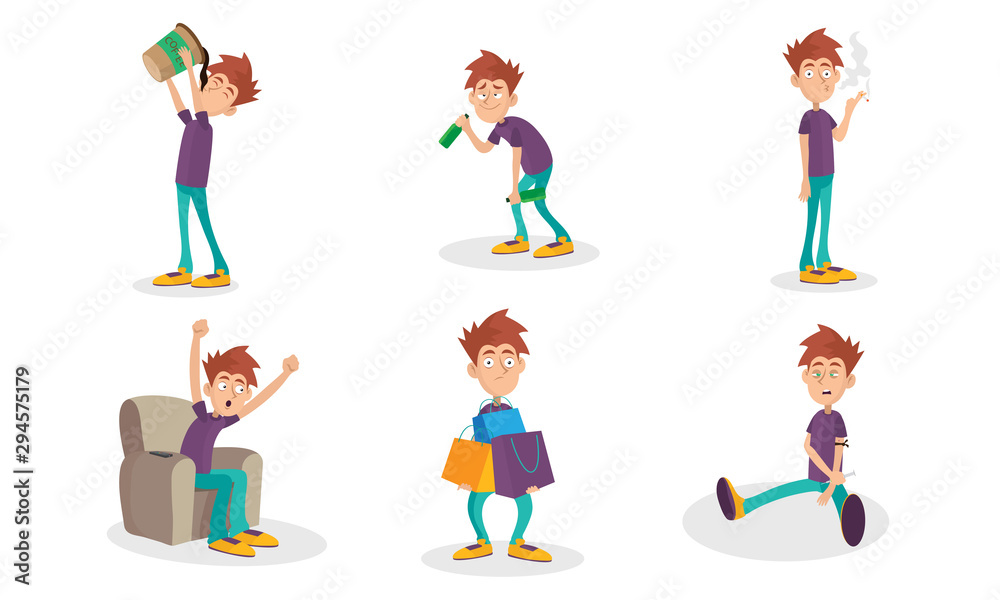 Vector Illustration Set With People Bad Habits Isolated On White Background