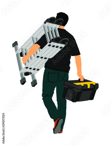 Repairman with ladders in hand vector isolated on white. Handyman  working on call. Carpenter activity on renovation home for move in. Hard worker job. Painter worker handyman with tool box
