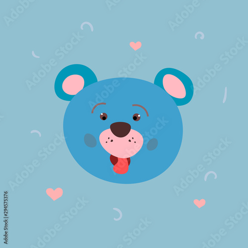The head of a cheerful blue bear. Wild forest animals. Children's design. Hand-drawn illustration.