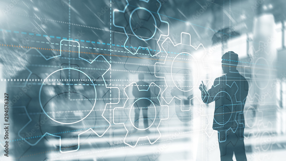 Naklejka premium Business technology internet concept double exposure gears abstract background