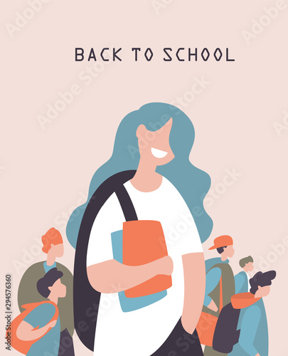 A group of students of different ages and multi-ethnic groups goes to school. Vector illustration with school education concept for posters, brochures, postcards