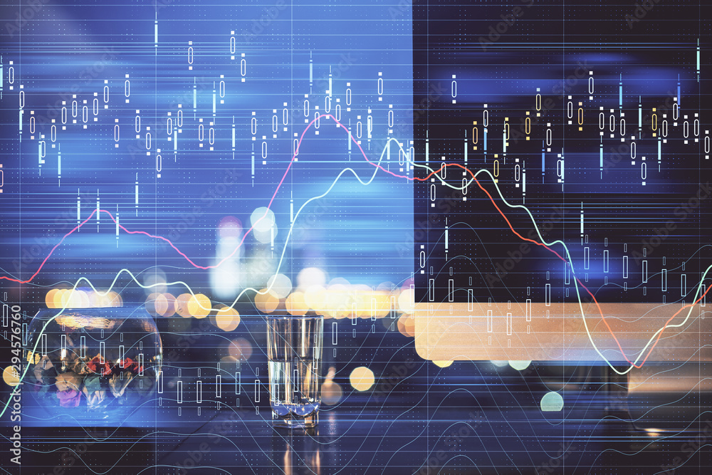 Multi exposure of forex chart and work space with computer. Concept of international online trading. Multi exposure of forex chart and work space with computer. Concept of international online trading.